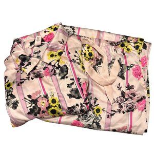 Victorias Secret XL Floral Satin Pajama Set Button-Up Top Drawstring Pants